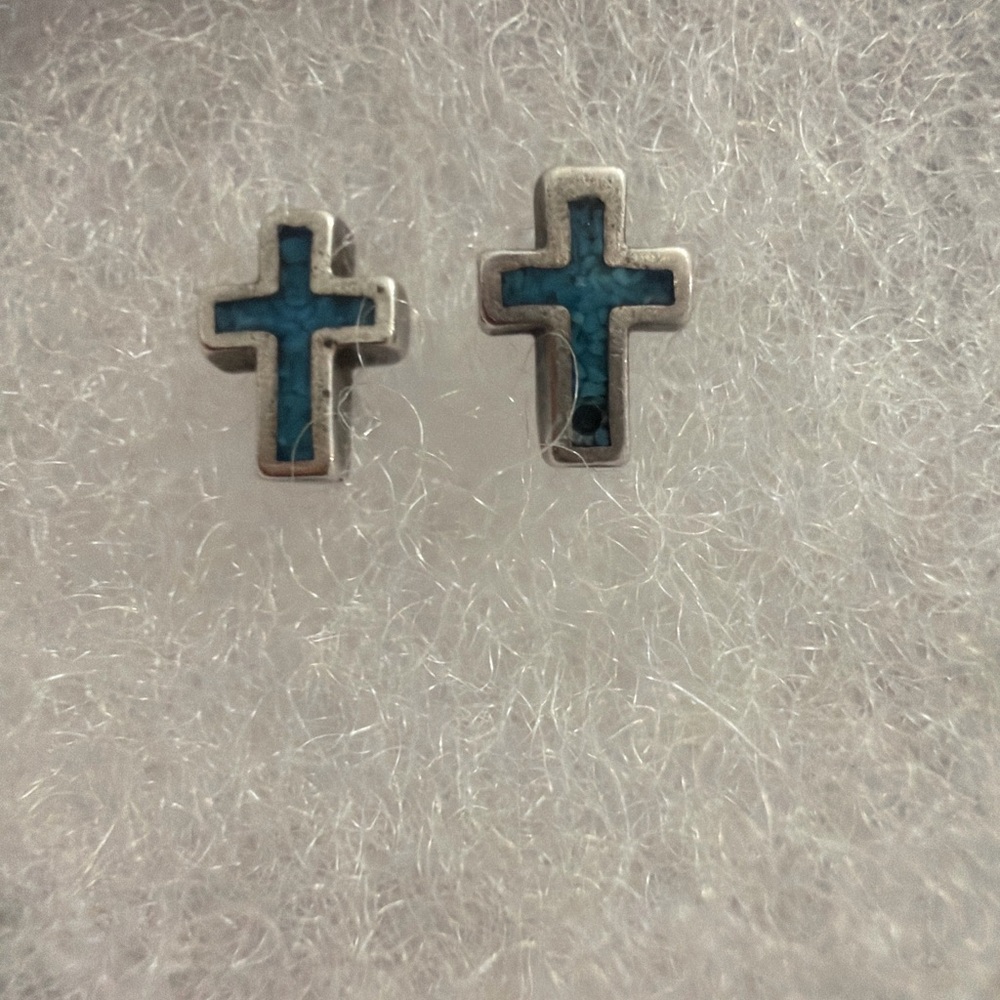 🌵✨ VINTAGE 1980 Sterling Silver Turquoise Cross Set – Ring Sz 4 + Stud Earrings - Picture 10 of 13